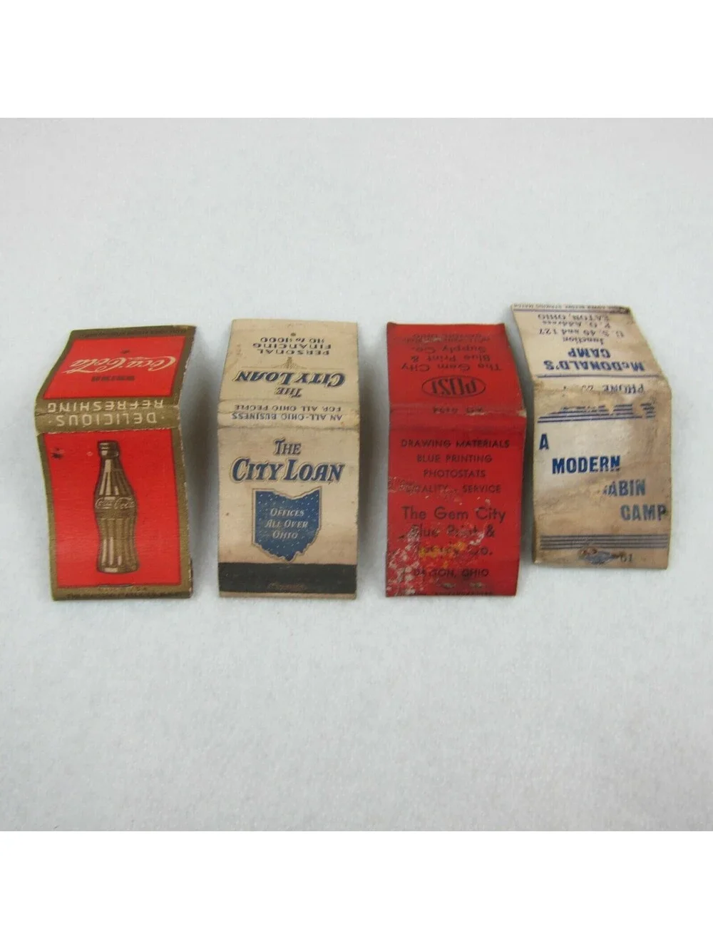 4 Vintage Matchbook Cover Coca Cola City Loan Gem City Blue Print McDonalds Camp